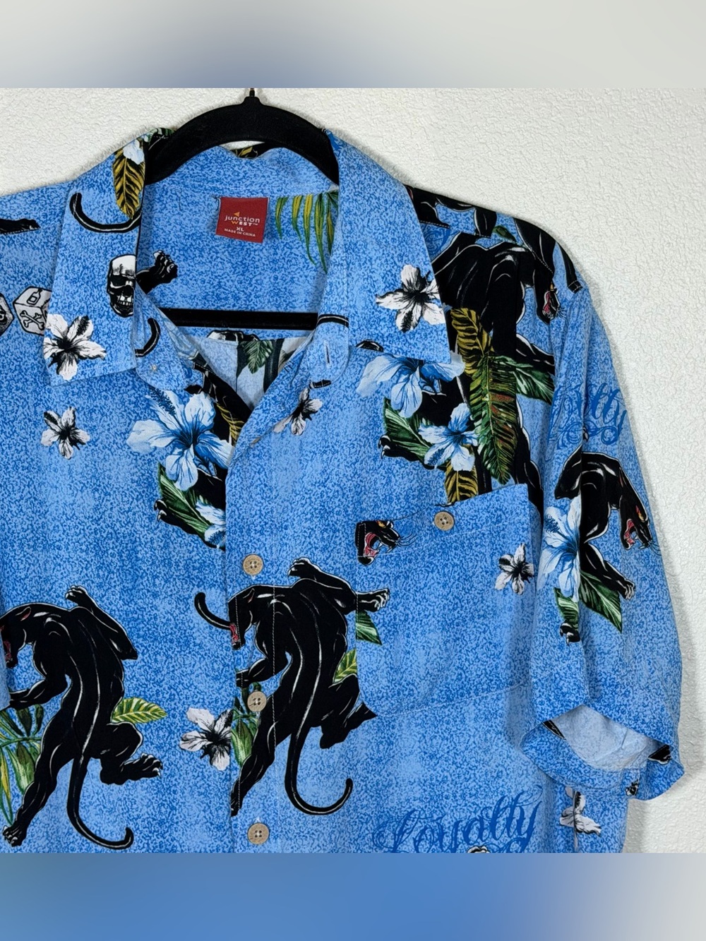 Junction West Men’s XL 100% Rayon Black Panther Hawaiian Shirt Streetwear Tattoo